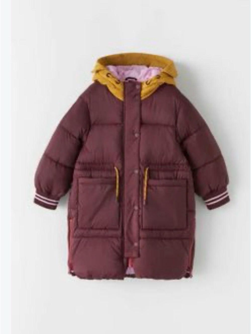 Zara Kids Long Puffer Coat with Hood - Burgundy & Mustard